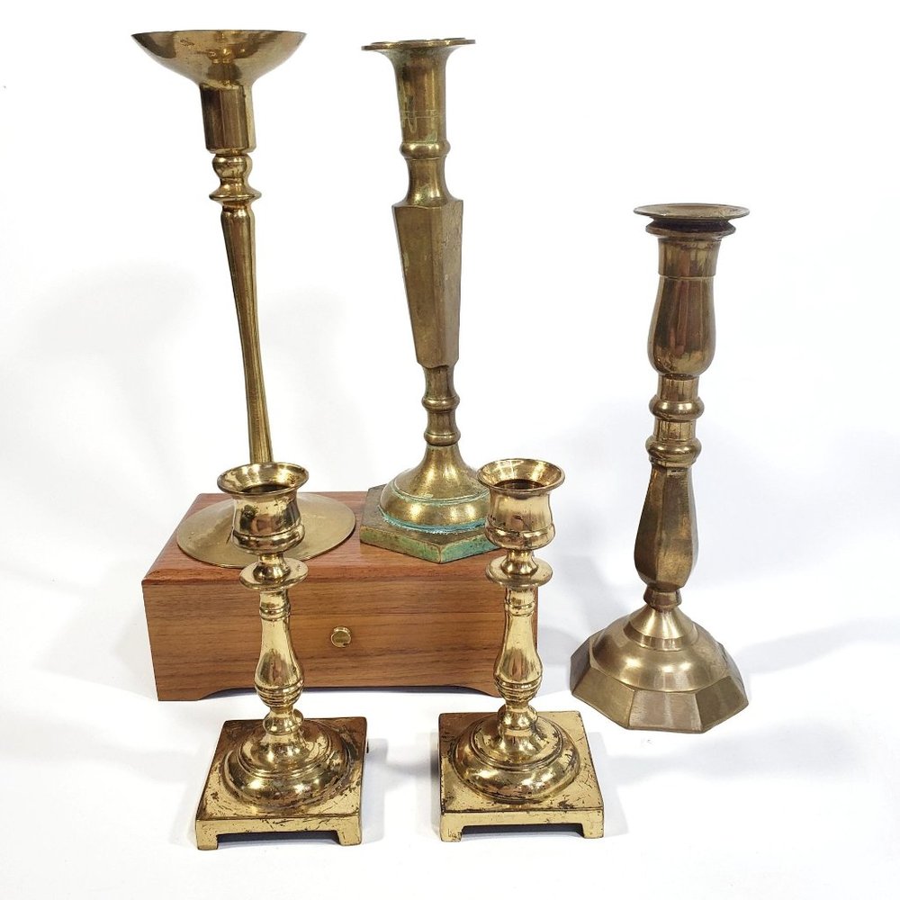 Vintage Brass Candlesticks Lot of 5 Medium Tall Large
